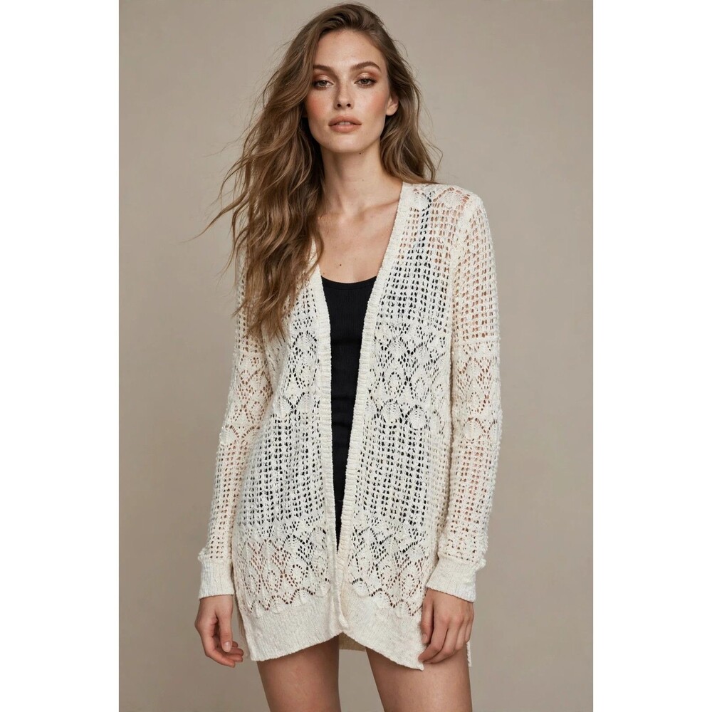 Mudd Womens S Ivory Crochet Knit Sweater Open Front Long Cardigan Boho Layering